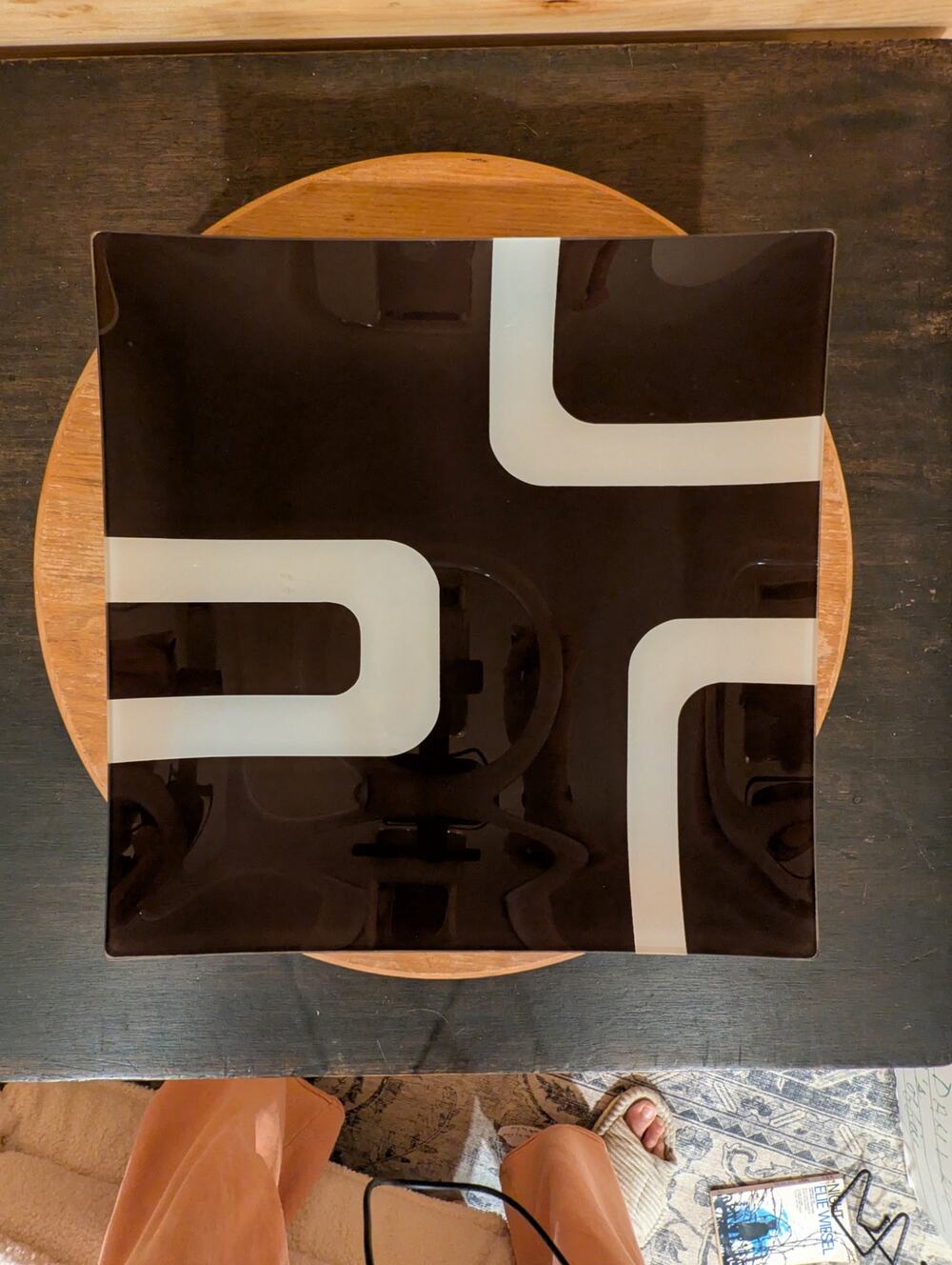 Vintage Bauhaus Style Square Glass Tray 11.75" Brown White Mod Geometric